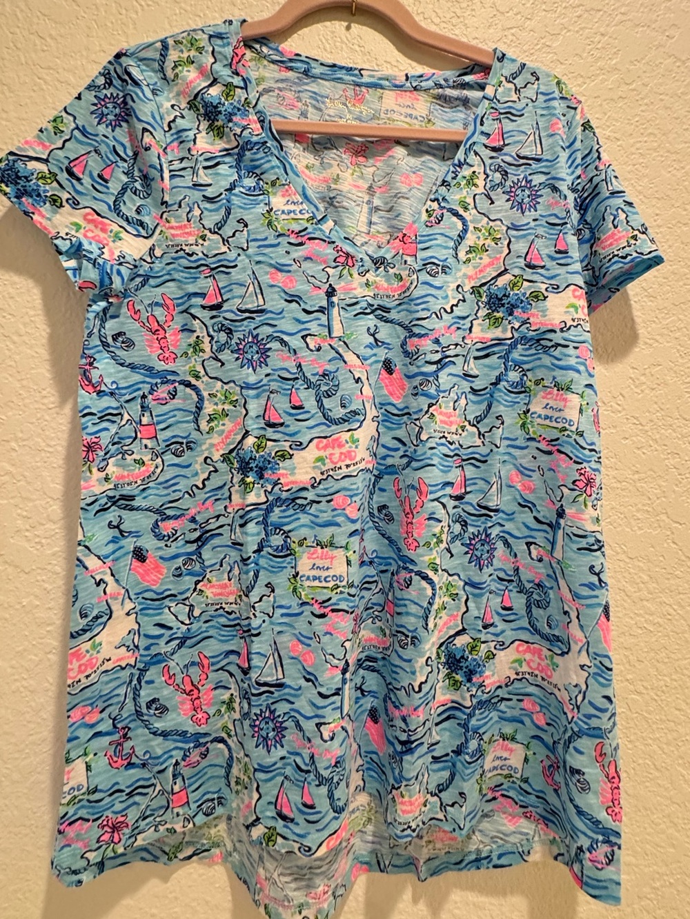 NWT Lilly Pulitzer Sz M Etta V-Neck Tee Bali Blue Lilly Loves Cape Cod - Picture 2 of 11